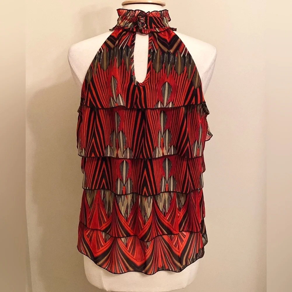 Adiva Black Red Tan Geometric SZ L High Neck Boho Chic Earthy Modern Halter Top - Picture 7 of 11